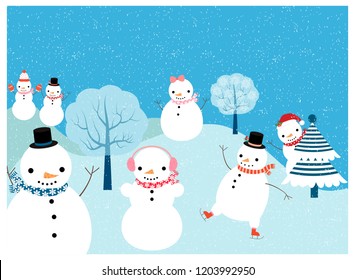 Cute vector scene with snowmen with hats, scarves, skates in winter landscape with trees and snow for Christmas and New Year greeting cards