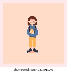 Cute Vector school girl with a book, wunderkind, 
