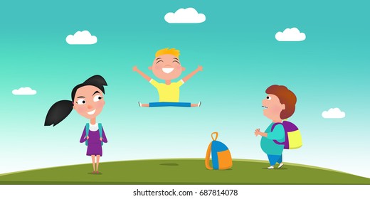 Cute vector school kids characters. Happy schoolboys and schoolgirl. Elementary school students. - stock vector