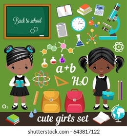 Cute vector schoolgirls and set school supplies