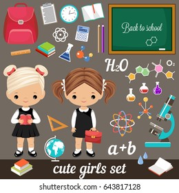 Cute vector schoolgirls and set school supplies