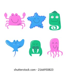 Cute vector sea animals icons on white for stickers. Character for children. Marine theme. Crab, starfish, chameleon, octopus, walrus, stingray