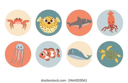 Cute vector sea animals icons in color circles for stickers and icons for children designs .Flat cartoon style , ocean , see animals for social media , book or other design.