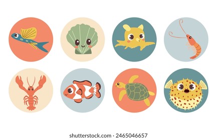 Cute vector sea animals icons in color circles for stickers and icons for children designs .Flat cartoon style , ocean , see animals for social media , book or other design.