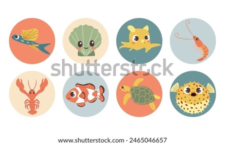 Cute vector sea animals icons in color circles for stickers and icons for children designs .Flat cartoon style , ocean , see animals for social media , book or other design.