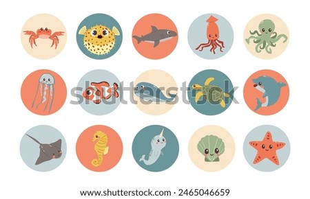 Cute vector sea animals icons in color circles for stickers and icons for children designs .Flat cartoon style , ocean , see animals for social media , book or other design.