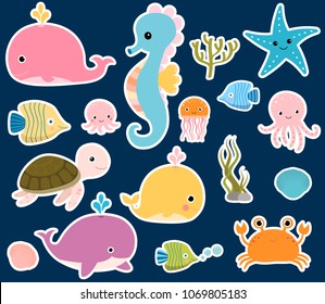 Cute vector sea animals stickers for baby designs, aquatic and nautical themes