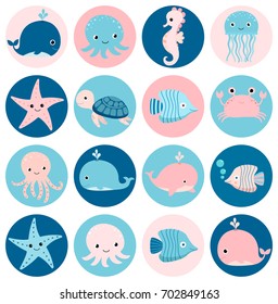 Cute vector sea circle icons with ocean animals in pink and blue colors for children designs