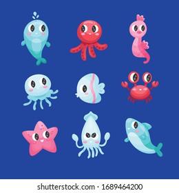 Cute vector of sea circle set icons or aquarium animals set icon kawaii cartoon design vector