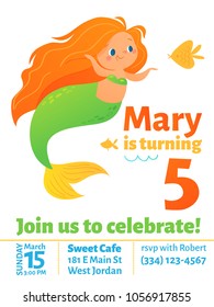 Cute vector sea party birthday card invitation with  little mermaid