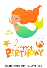 Cute vector sea party birthday card design with  little mermaid and sea life characters