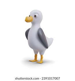 Cute vector seagull, side view. Colorful sea bird. Funny feathered character with yellow beak. Small 3D creature. Isolated vector template with shadow