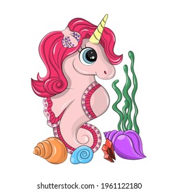 Cute vector seahorse unicorn is made in cartoon pink color. Vector sea animal isolated on white background which is perfect for PNG. Seashells and seaweed lie near the seahorse.