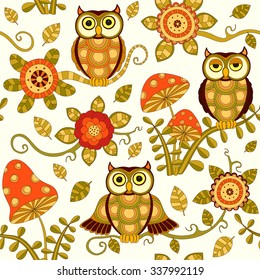 Cute vector seamless baby background on white with flowers and owls in magic forest