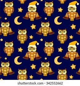Cute vector seamless baby background with owls, moon and star in night