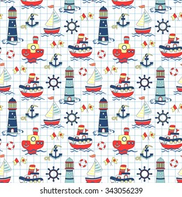 Cute vector seamless baby background with ship, lighthouse and sea