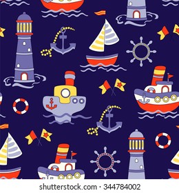 Cute vector seamless baby background with ship, lighthouse and sea on violet