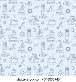 Cute vector seamless baby background with contour ship, lighthouse and sea