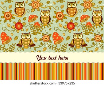 Cute vector seamless baby grunge retro background with flowers and owls in magic forest. Baby shower or invitation with place for text. Happy birthday greeting card.