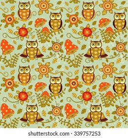 Cute vector seamless baby grunge retro background with flowers and owls in magic forest