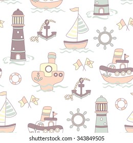 Cute vector seamless baby pastel color background with ship, lighthouse and sea 