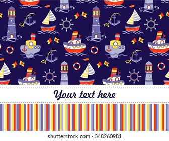 Cute vector seamless baby shower background with ship, lighthouse and sea on violet. Baby greeting card or invitation with place for text. Sea pattern.