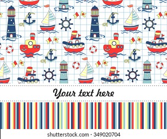 Cute vector seamless baby shower background with ship, lighthouse and sea on white. Baby greeting card or invitation with place for text. Sea pattern.