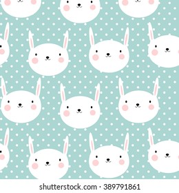 Cute vector seamless background with funny rabbits an polka dots.