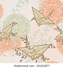 cute vector seamless background with origami cranes and floral ornament