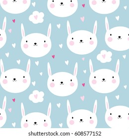 Cute vector seamless background with rabbits and hearts on light blue background.