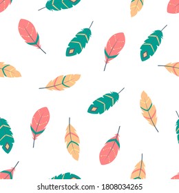 cute vector seamless boho pattern with vintage ethnic colored feathers isolated on white background, vector illustration for any design