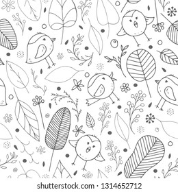 Cute vector seamless colorless background for kids room, fabric, textile. Beautiful floral doodle elements, leaves, flowers and funny birds on white background. Nice monochrome children pattern.