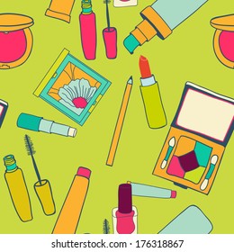 Cute vector seamless cosmetics pattern. Hand drawn color vector illustration.