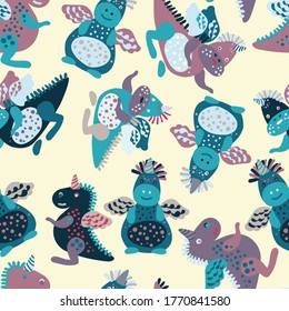 Cute Vektornahtlose Design schmückt dekorative einfache Muster von Dinosauriern in pastellvioletten Farben. Das Design ist perfekt für Bettlaken, Dekorationen, Hintergründe, Textilien, Kinderbekleidung, Verpackungen.