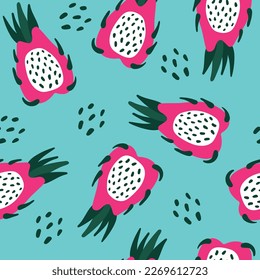 Cute Vektorgrafik-Muster für nahtlose Drachenfrucht.Illustration exotischer tropischer Papaya.Geeignet für Textildesign, Kleiderabdrücke, Wickelpapier, Karten, Wallpaper.Vektorgrafik einer Drachenfrucht
