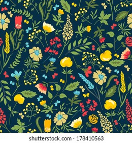 Cute vector seamless floral pattern with flowers and herbs. 