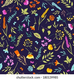 Cute vector seamless floral pattern with flowers, herbs and butterflies a black background. 