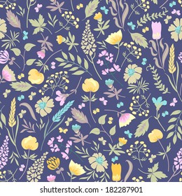 Cute vector seamless floral pattern with flowers, herbs and butterflies a black background. 