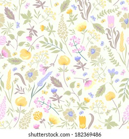 Cute vector seamless floral pattern with flowers and herbs in pastel colors.