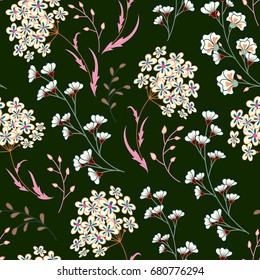 Cute vector seamless floral pattern with flowers and herbs. Delicate pink white plants on dark green background.