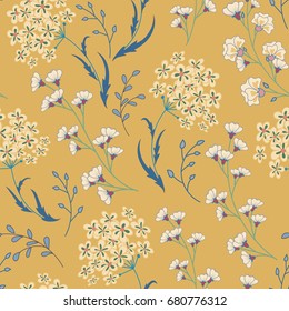 Cute vector seamless floral pattern with flowers and herbs. Delicate blue white plants on beige background.