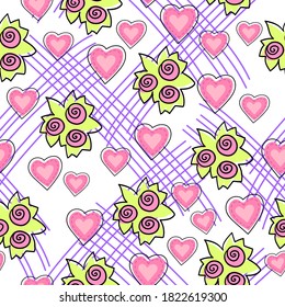 cute vector seamless flower ornament with pink hearts on a white background in the cartoon style of hand drawing with ink lines