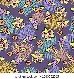 cute vector seamless flower ornament with pink hearts on a colored background in the cartoon style of hand drawing with ink lines