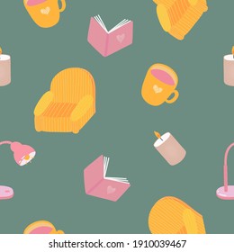 Cute vector seamless hand drawn pattern with fridge with retro striped armchair, book, candle, lamp. Can be used for wrapping paper, bedclothes, notebook, packages, gift paper, socks, textile.