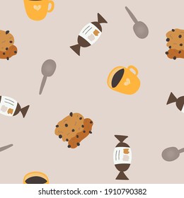 Cute vector seamless hand drawn pattern with oatmeal cookie with chocolate, cup of coffee, candy, tea spoon in warm colors. Can be used for, wrapping paper, bedclothes, notebook, packages, gift paper.
