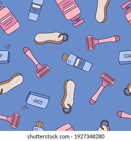 Cute vector seamless hand drawn pattern with bottles, pumice, razor and soap for body care in blue colors. Can be used for the posters, wrapping paper, bedclothes, socks, towels, notebook, packages.