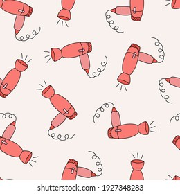 Cute vector seamless hand drawn pattern with hairdryer for beauty, hair care in coral and beige colors. Can be used for the posters, wrapping paper, bedclothes, socks, towels, notebook, packages.