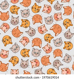 Cute vector seamless hand drawn pattern with cat’s faces close up with different emotions. Can be used for the posters, wrapping paper, bedclothes, socks, towels, notebook, postcard, packages, gifts.