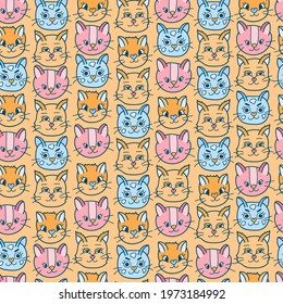Cute vector seamless hand drawn pattern with cat’s faces close up with different emotions in pastel colors. Can be used for the posters, wrapping paper, bedclothes, socks, towels, notebook, packages.