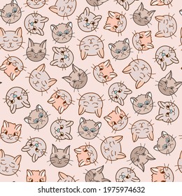 Cute vector seamless hand drawn pattern with cat’s faces close up with different emotions in beige colors. Can be used for the posters, wrapping paper, bedclothes, socks, towels, notebook, packages.